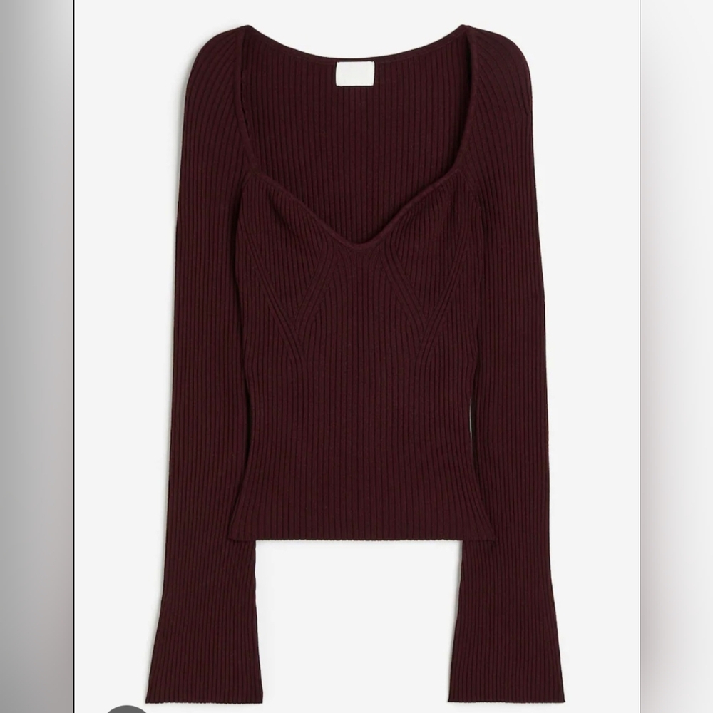 H&M Burgundy Ribbed Knit Long Sleeve Top